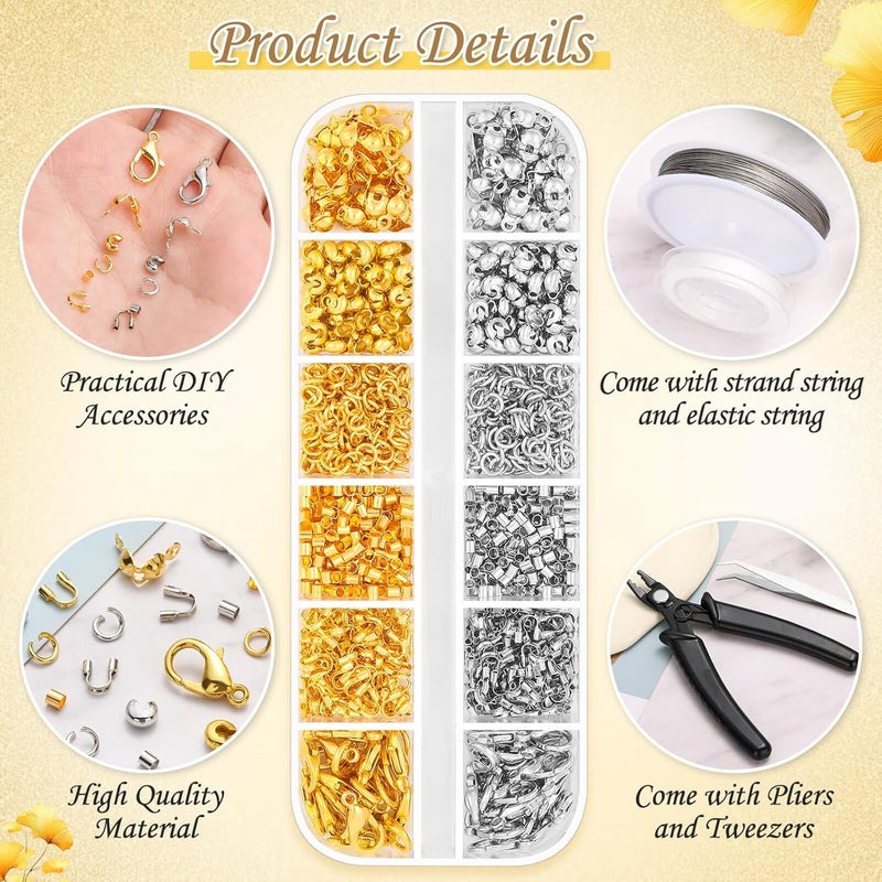 Thrilez 1200Pcs Crimp Beads Supplies for Jewelry Making, Including Crimp covers, Crimp Tubes, Bracelet Clasps and Closures, Crimp Ends, Jump Rings, Crimping Pliers and Beading Wire for Bracelets Making - Image 4